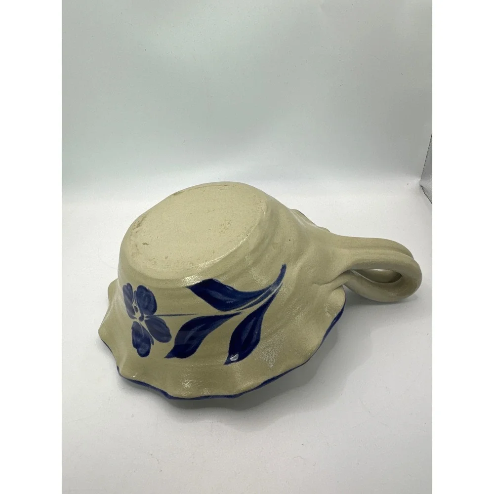 Williamsburg Pottery Salt Glaze Stoneware Chamberstick Candle Holder Blue Floral